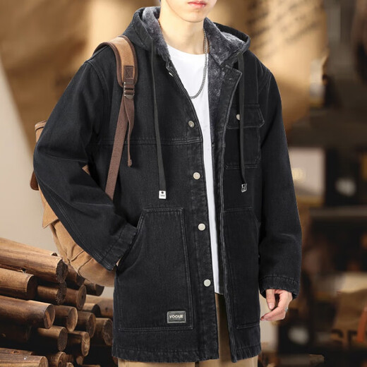 Trendy and Winter Park Overcoming Denim Jacket Men's Plus Fleece Thickened Medium-length Trendy Warm Thickened Coat Hooded Jacket Men's Black L [130-145Jin[Jin equals 0.5 kg]]