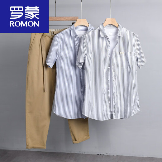 罗蒙（ROMON）男士条纹短袖衬衫日系宽松薄款上衣夏季休闲衣服潮流百搭衬衣 9738款 浅蓝条纹 L 110斤左右