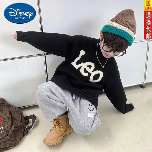 迪士尼（Disney）儿童毛衣韩版男童上衣百搭宝宝针织衫女童套头圆领毛线衣潮流外套 黑色加绒加厚一体绒【男女提花LE 130