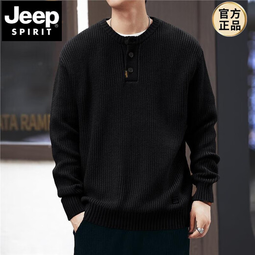 JEEP SPIRIT American retro black knitted Henley sweater men's autumn and winter trendy brand lazy loose casual pullover sweater for men and women Khaki L