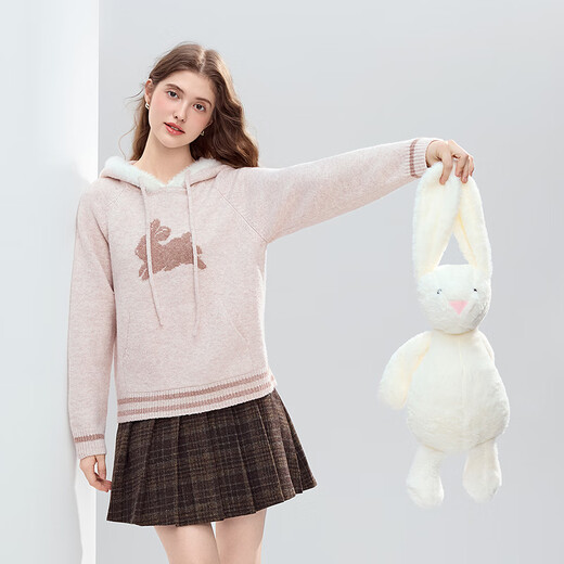 Betu Women's 2025 Winter New Sweater Cute Rabbit Jacquard Fur Hat Mouth Sweet Top Women 2510T52 Light Pink S