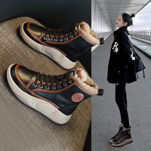 Belle Tread series brand genuine leather snow boots for women with velvet and thickened new autumn and winter warm beige thick sole high top white thick velvet 37