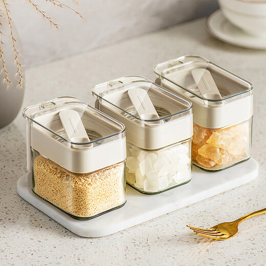 Home KATEI STORY Japanese spoon separated seasoning box kitchen household seasoning jar MSG salt jar combination set seasoning storage box white + green + yellow 3-piece set 300ml