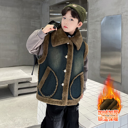 Fairy Tale Classroom Children's Thickened Denim Vest Jacket to Wear 2024 Winter Boys' New Warm Vest for Medium and Large Children Blue 160cm Recommended height is around 145-155cm