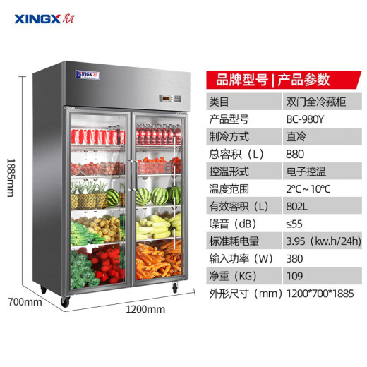 星星（XINGX）展示柜冷藏保鲜柜蔬菜水果双开门立式冰柜 冰箱商用大容量麻辣烫饭店食堂厨房点菜饮料串串啤酒 双门铜管880升BC-980Y
