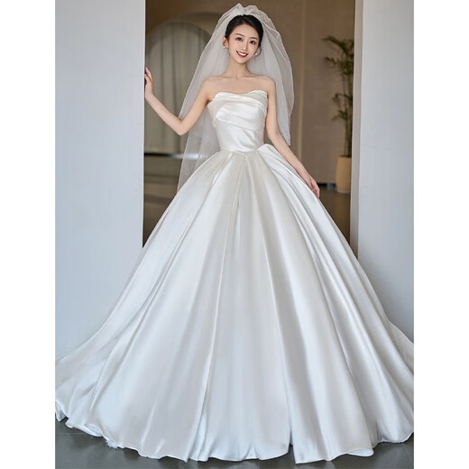 DL 1998 Pangdonglai Calidad Vestido de novia de calidad Bride Bride Pein Yarn Strip Satin New Texture French Retro White Fit Style <Vestido de novia único sin accesorios>+ XXL: Peso 130 Jin [Jin equivale a 0.5 kg]