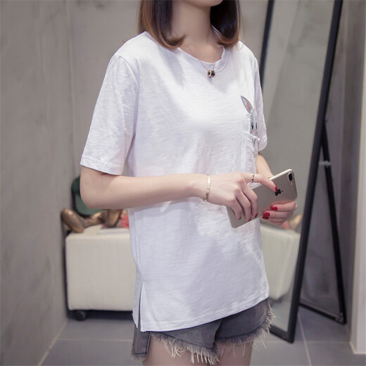 JOYOFJOY Jingdong Women's Clothing 2020 Women's Korean Style Loose and Versatile Short-Sleeved T-Shirt Women's Bamboo Cotton JWTD191473 White L