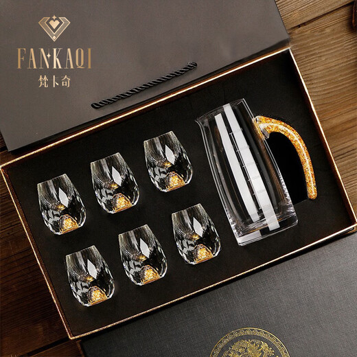 FANKAQI high-end diamond white wine glass wine dispenser white wine glass set liquor cup one cup household wine distribution 1 pot 6 cups straight gold foil gift box