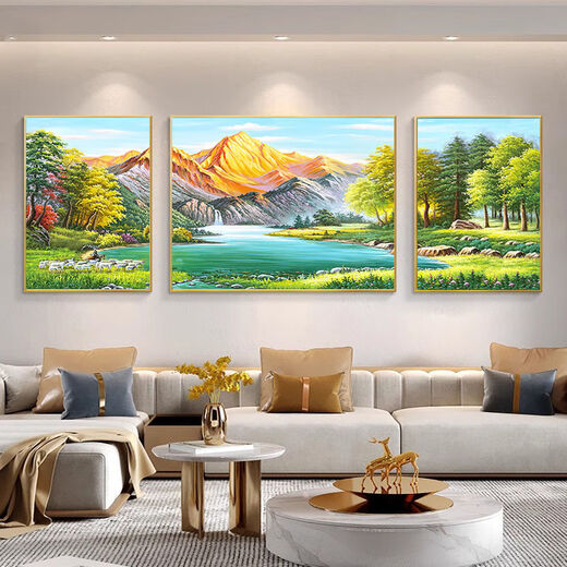背靠金山客厅挂画山水风景画沙发背景墙装饰画风水西墙三联画 12596金色铝合金框 中110*90边70*90立体晶瓷镶钻