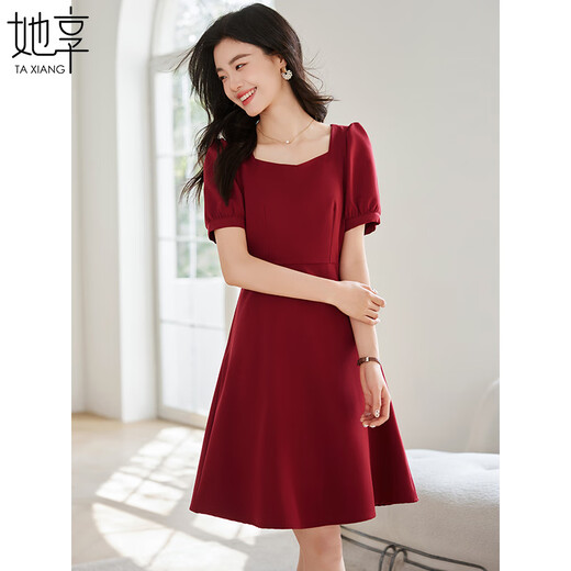 她享短袖连衣裙女方领赫本风小个子高级感时尚红色礼服裙子T143Q1426
