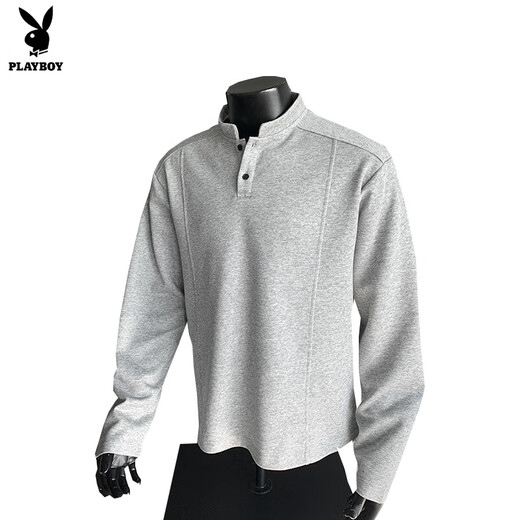Playboy right shoulder sweatshirt cleanfit high-end pure white henley collar long-sleeved t-shirt men's autumn American style bottoming shirt white custom style M