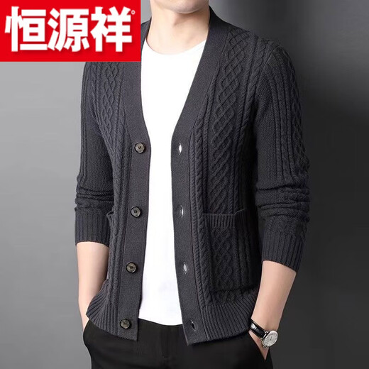 Hengyuanxiang (HYX) men's sheep sweater knitted sheep wool cardigan autumn and winter new stand-up collar sweater thickened casual jacket outer wear F901 style*-dark gray cardigan-#V collar thickened 6XL 165-175Jin Jin equals 0.5 kg
