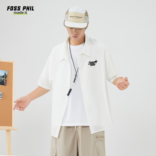 Foss Phil短袖衬衫男士夏季衬衣男潮流印花休闲外套宽松上衣FPCS2白色L