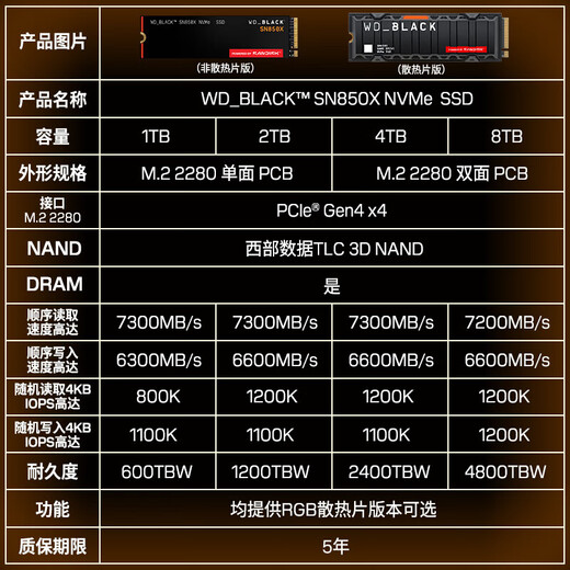 Western Digital (WD) SSD solid state drive M.2 interface SN850X PCIe4.0 gaming e-sports computer expansion hard drive AI computer accessories SN850X | 1TB