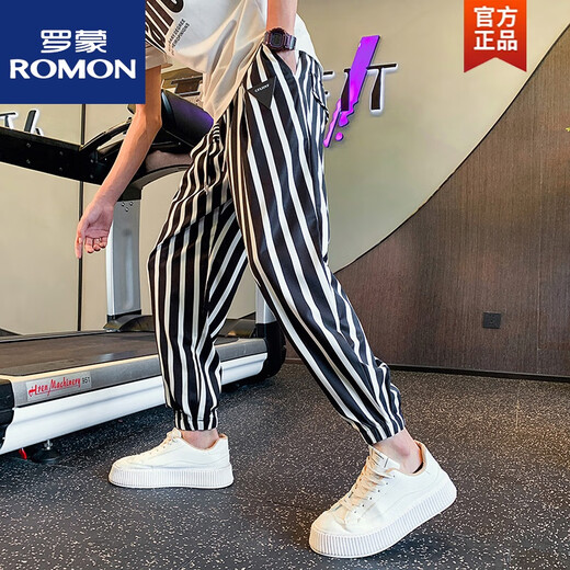 罗蒙（ROMON）夏季薄款条纹休闲裤男士冰丝裤宽松哈伦裤痞帅男裤新款九分裤 黑色 L