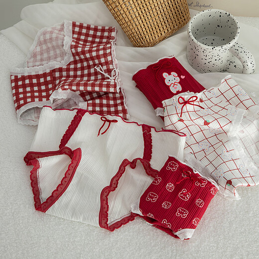 Caramella pure cotton underwear women's breathable briefs sweet and fresh women's shorts underwear red lace cartoon style mixed color 3 pieces one size fits all (suitable for 85-120 Jin Jin equals 0.5 kg)