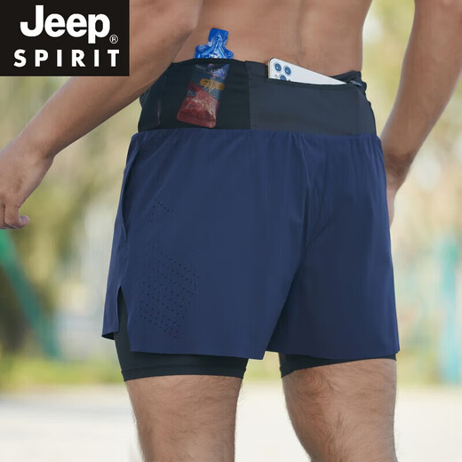 JEEP SPIRIT running shorts men's three-quarter pants with waist bag can hold mobile phones marathon sports casual pants back waist zipper pocket navy blue back pocket waterproof L recommended 135-150Jin Jin equals 0.5 kg
