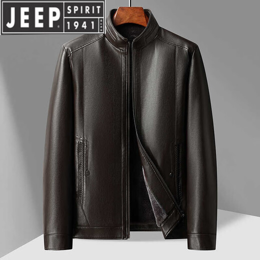 JEEP SPIRIT dad winter leather jacket middle-aged men's stand-up collar plus velvet leather jacket middle-aged and elderly casual thickened warm coat top brown fur collar 180 weight 130-150 Jin Jin is equal to 0.5 kg