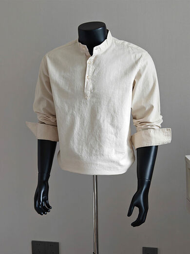 Xiaohongshu black henley collar long-sleeved shirt men's autumn old money style polo shirt American lining black M