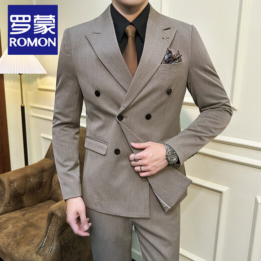 ROMON white double-breasted small suit men's suit Korean version slim casual high-end suit jacket groom wedding dress white two-piece set XL