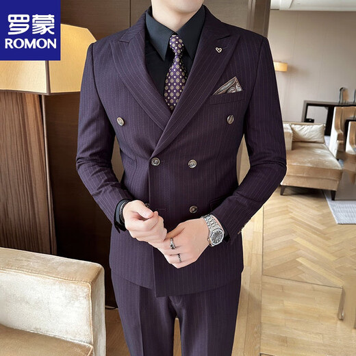 Romon haut de gamme authentique à double boutonnage pour hommes Authentiques Robe de réunion rayée Suit Slim-Fit Frendy Forme Purple (costume + pantalon + Vente + chemise) Collier M