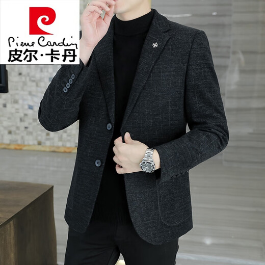 Pierre Cardin small blazer men's business casual tops high-end brand woolen striped suit commuting drape single suit black dark pattern 6001-1 2XL 185 recommended 150-165Jin Jin equals 0.5 kg