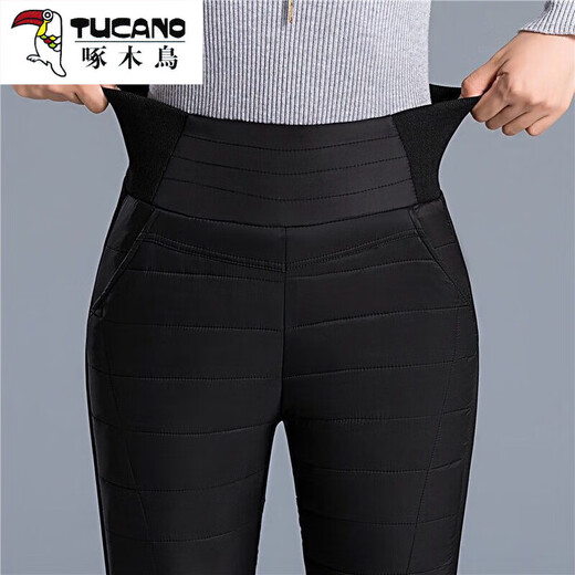 Woodpecker (TUCANO) Down Cotton Pants Women's Outer Wear High Waist New Women's Elastic Slim Korean Style Thickened Cold-Resistant Winter Warm Cotton Pants Women Black XL Recommended 115-125 Jin Jin equals 0.5 kg