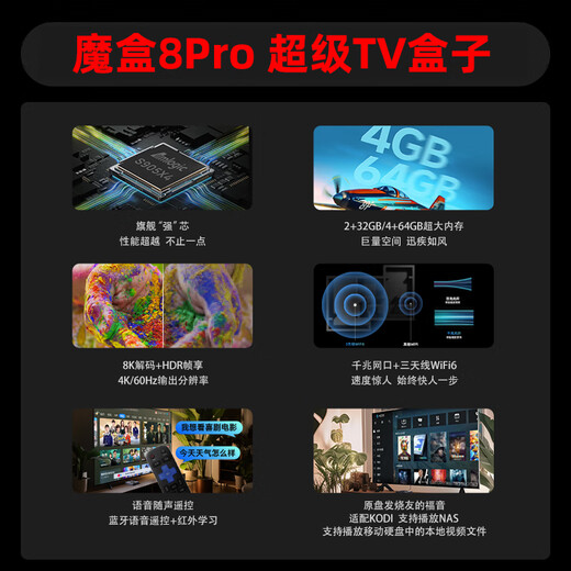 天猫魔盒天猫魔盒8无线机顶盒子播放器投屏8K直智能电视高清网络免费 高配语音/4+32G+8K播放+高清画质 标配+升级看电视+千兆网线+64G盘