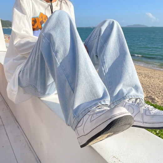 Chenxingzhe jeans men's casual pants men's high street straight loose summer spring and autumn workwear American wide-leg long pants main recommendation light blue drawstring style XL