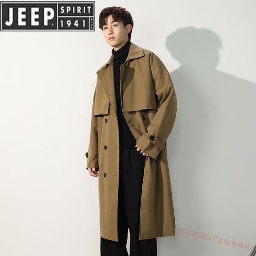 JEEP SPIRIT mid-length windbreaker jacket for boys spring and autumn new Japanese khaki British style men's knee-length coat 0595 military green loose version - belt style M