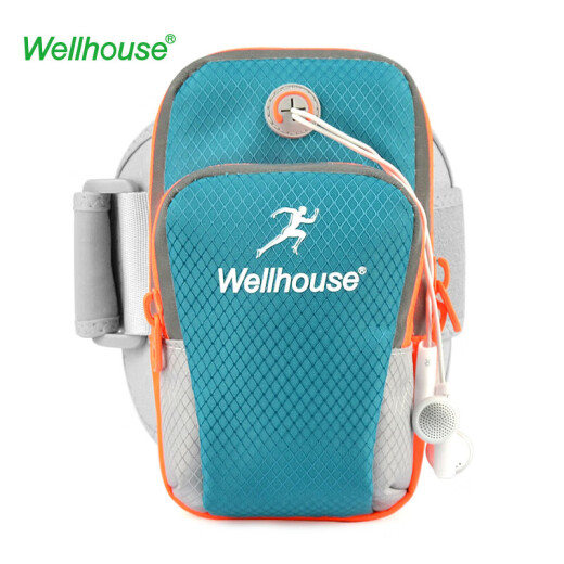 WELLHOUSE 手臂包腕包 跑步运动防泼水反光条耳机孔蓝绿色 大号6.8英寸以下