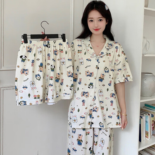睡衣女三件套春夏季萌萌卡通小动物套装可外穿休闲可爱家居服 套KK14107 XL【建议120-135斤】