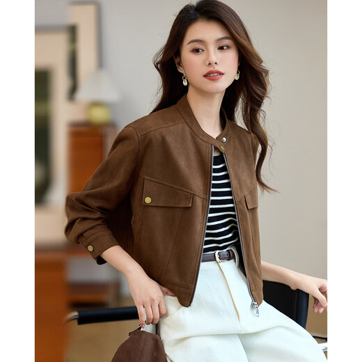 TERRE BLEUE Casual Work Jacket 2025 Spring and Autumn New Product Small Stand Collar Suede Short Jacket Women Brown S