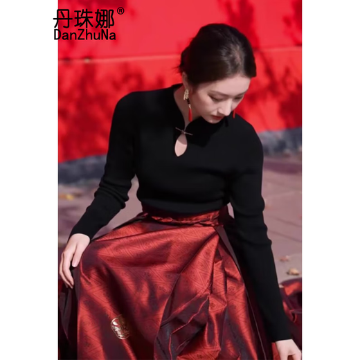 DanZhuNa (DanZhuNa) red horse-faced skirt full set of 2024 New Year of the Dragon Year New Year Chinese dress Women's toast clothing engagement dress set 2679 black top + red horse-faced skirt XL