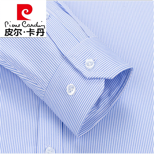 皮尔卡丹（pierre cardin）纯棉免烫衬衫男长袖2024秋冬季中青年商务正装蓝条纹休闲衬衣针织 8W6621 43 165~175