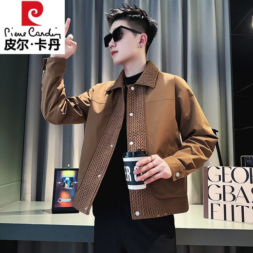 Pierre Cardin (pierre cardin) design stitching jacket men's spring and autumn handsome lapel jacket 2025 new men's autumn short top brown L recommended 115-130 Jin Jin equals 0.5 kg