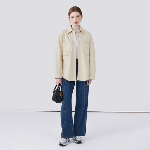 5+ (FivePlus) Lapel Pocket Velvet Long Sleeve Shirt Women's Casual Solid Color Loose Slim Versatile Shirt New Style Apricot S (100Jin Jin is equal to within 0.5kg)