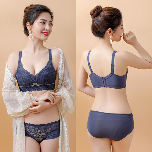 Blue Aegean Sea Wire-free Small Breasts Show Big Four-breasted Push-Up Bra Women's Upper Breast Holding Bra Anti-Sagging Bra Set Purple Set 75A/34A