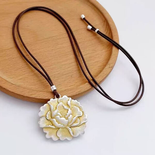 Laohuangxiang solid silver 999 peony flower solid pendant necklace for women, rich, light and luxurious, versatile sterling silver necklace gift