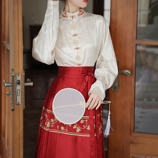 闻莺燕秋季汉服成人女织金红色马面裙全套小个子重工缎面提花衬衫套装 908杏色刺绣上衣+6221红色马面裙 M （建议体重105-120斤）