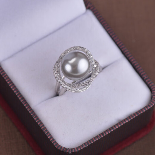Fat Donglai's same style black pearl ring, Tahiti Bird's Nest, adjustable opening, 12mm, perfect round, 925 silver, white model