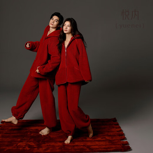 Yuenei Red Pajamas Wedding Newlywed Couple Set Autumn and Winter Women's Thickened Coral Velvet Home Clothes Men's Zodiac Year 24400 Retro Red Women's L (Male 110-140 Jin Jin equals 0.5 kg / Female 110-120 Jin Jin equals 0.5 kg)