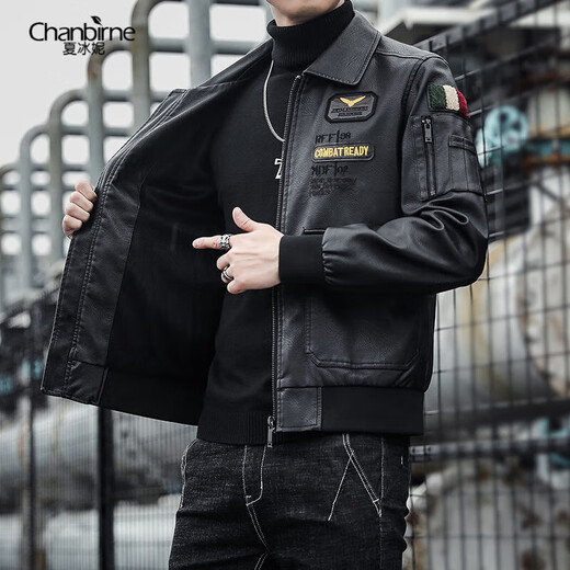 Xia Bingni jacket men's leather jacket men's slim and handsome embroidered autumn and winter new lapel plus velvet pilot motorcycle suit black (plus velvet winter style) L