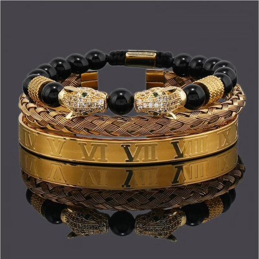 
Pangdonglai quality double-headed leopard bracelet copper micro-set zircon black agate bracelet woven men's stainless steel Roman bracelet stack ZJ12805