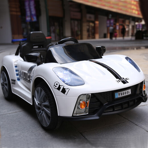 Obel children's electric car can sit in a police car four-wheel stroller swinging baby with remote control off-road vehicle toy elegant black + five-point leather seat cushion