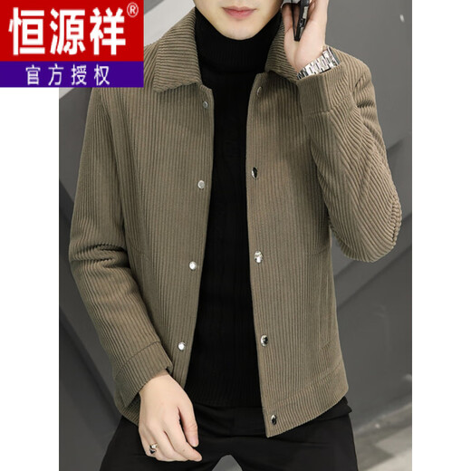 Hengyuanxiang Corduroy Jacket Men's 2025 New Autumn and Winter Korean Style Trendy Slim Casual Premium Lapel Men's Jacket Khaki + Thick Plus Velvet M
