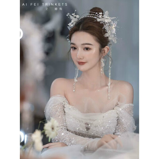 Cheng Liu bridal tiara, Korean crystal tassel bow headband, fairy white gauze saint crown wedding dress, wedding hair accessories, saint crown ear clip