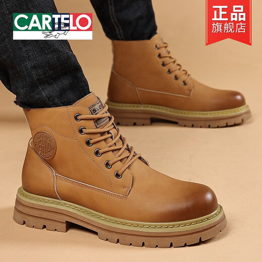 Cartelo Spring and Automne Martin Boots Men's 2025 Nouveau cuir haut toit épais semelles masculines Boots British Style Boots Warm and Fleece Boots Black 41