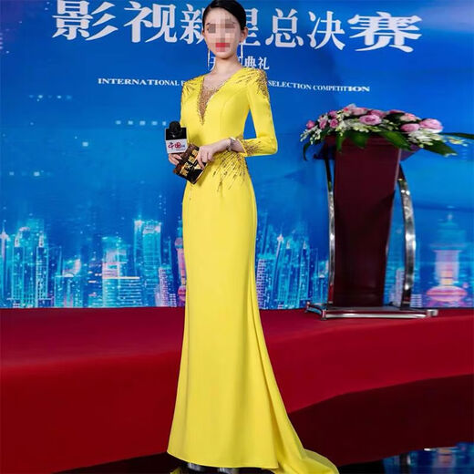 Banquet Evening Dress 2025 New High-end Light Luxury Niche Host Temperament Performance Clothes Long Version Women Yellow 3XL 3XL