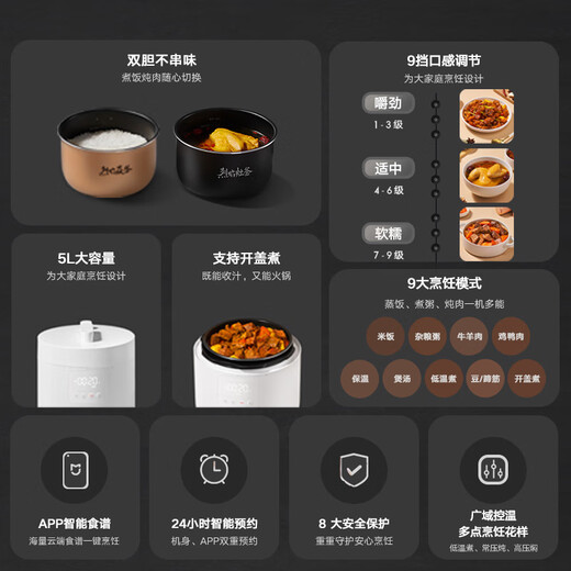 Mijia Xiaomi electric pressure cooker pressure cooker rice cooker for home use 4-5 people multi-functional electric stew pot for cooking rice and porridge non-stick pot double inner pot large capacity 5L